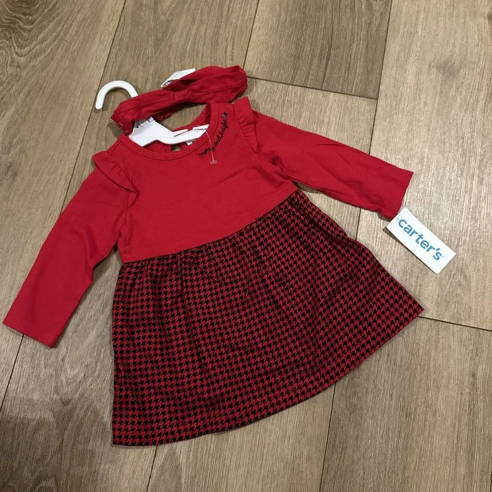 Carter's Baby Girl Holiday Dress Red Plaid 'Merry & Bright Headband 2pc Set 9 Mo